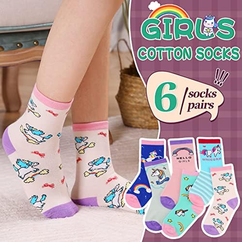 Памучни Чорапи за Момичета, Нестандартен, Забавен Еднорог, Уютен Екипажа, Сладки Чорапи за Малки Момиченца, 6 Двойки