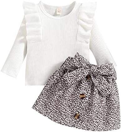 Xbgqasu/Тениска в рубчик с дълги ръкави и набори за малки момичета, Блузи, Пола с леопардовым принтом, Облекло, подарък за новородено (Бял, 6-12 месеца)