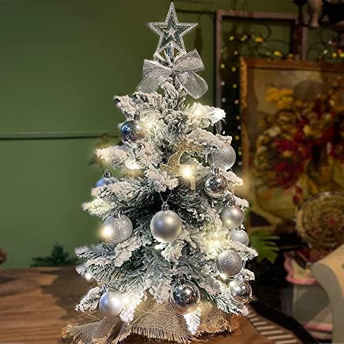 Мини Коледно Дърво за Плотове, 20 инча Сребърна Маса в Изискани Малки Коледни Елхи Изкуствени, с led Подсветка, за Декорация