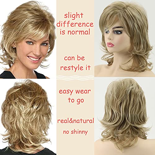 RENERSHOW Кратък разход на светла къдрава перука с бретон, натурални вълнообразни синтетични перуки за жени
