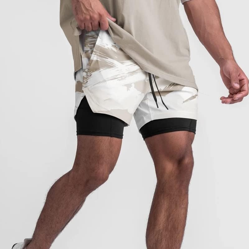 LIUZH Шорти за Мъже 2 в 1 с Къси Панталони За фитнес зала С Вграден джоб бързо съхнещи Плажни Шорти, Мъжки Спортни Панталони (Цвят: B Размер: Код M)