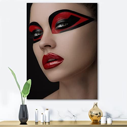 DesignQ Червени устни, Черен грим за очите, Маска за жени, Съвременно стенно изкуство върху платно, 12x20