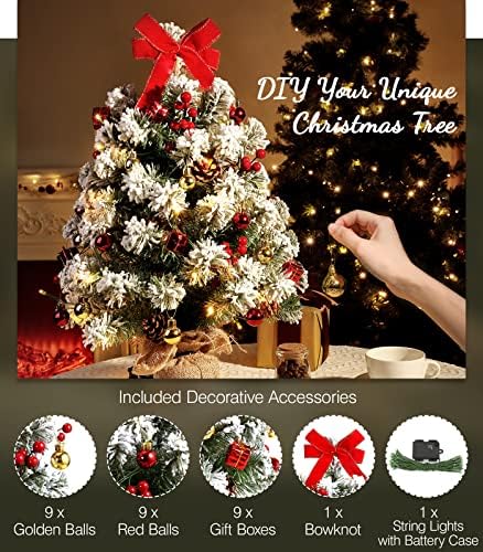 Мини Коледно Дърво Lewondr, 16-Инчовата Дъска Малка Изкуствена Коледна Елха със Светлина и Висящи Украшения, Коледни
