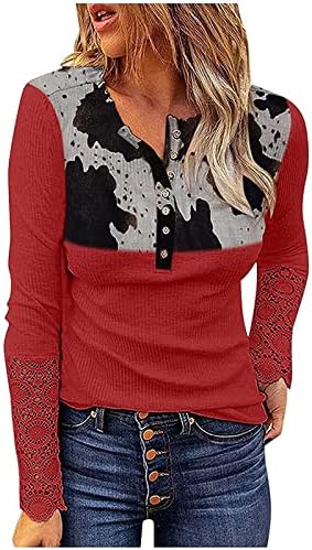 Дамски пуловери TREBIN, Дамски Ежедневни тениска с Цветен Градиентным Тесен U-Образно деколте и дълъг ръкав копчета