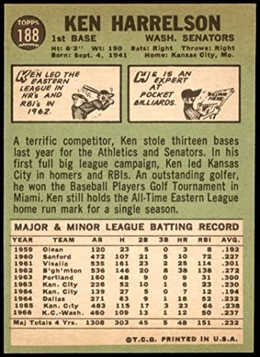 1967 Topps # 188 Кен Харелсън Вашингтон Сенатърс (Бейзболна карта) Карта Дина 5 - БИВШИ сенатори