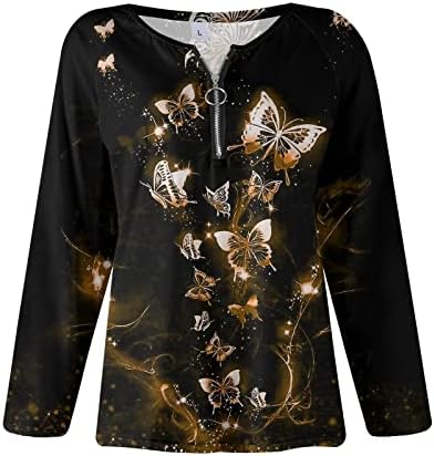 Дамски Леопардовая Туника Хенли, Върхове 2023, Есенни Модни Блузи с дълъг ръкав, тениски с V-образно деколте и цип, Рубчатые
