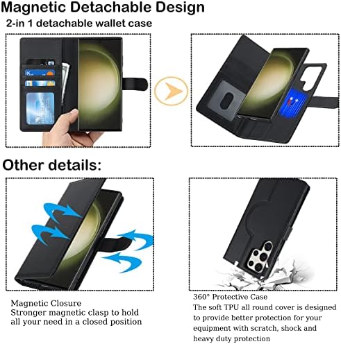 Ｈａｖａｙａ Чанта-портфейл за Samsung Galaxy S23 Ultra Case с магнитен държач Magsafe Samsung Galaxy S23 Ultra Case с държач за карти-Свалящ се флип-надолу капачката, за жени и за мъже Mujer-Черен