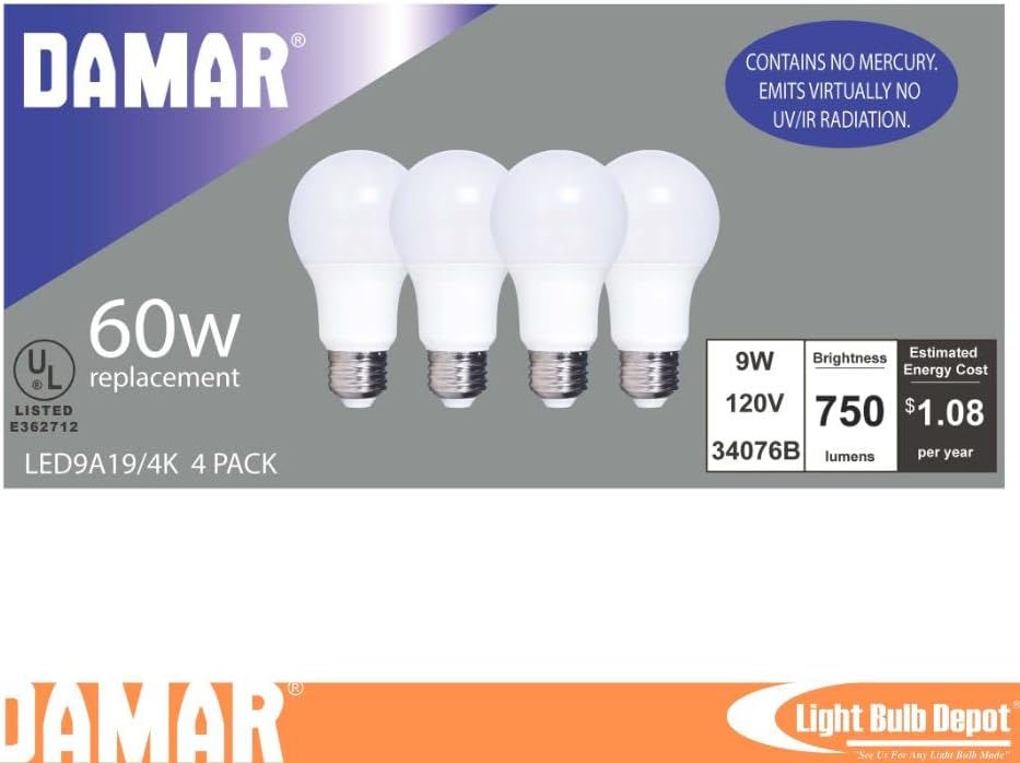 Led лампа Damar A19, 9 W (еквивалент на 60 W), 4000 К (студено бяло), 750 Лумена, Цокъл e26 е в списъка на UL, 4 комплекта