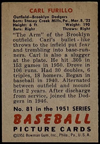 1951 Боуман 81 Карл Furillo Бруклин Доджърс (Бейзбол карта) VG/БИВШ Доджърс