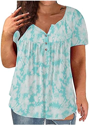 Негабаритная Лятна Тениска за Жени за Боядисана Туника с Рюшами, Блузи с V-образно деколте и Къс Ръкав, Ежедневни Блузи