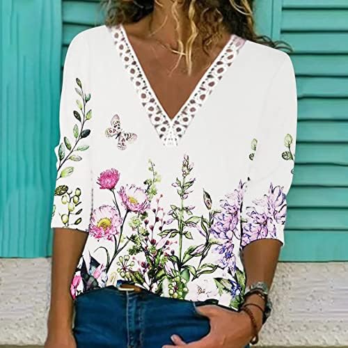Блузи-Ризи за жени, Лейси Тениска с V-образно деколте и 3/4 ръкави, Летни Модни Ризи в стил Бохо с Цветен Модел, Модерни Елегантни Блузи, Потници