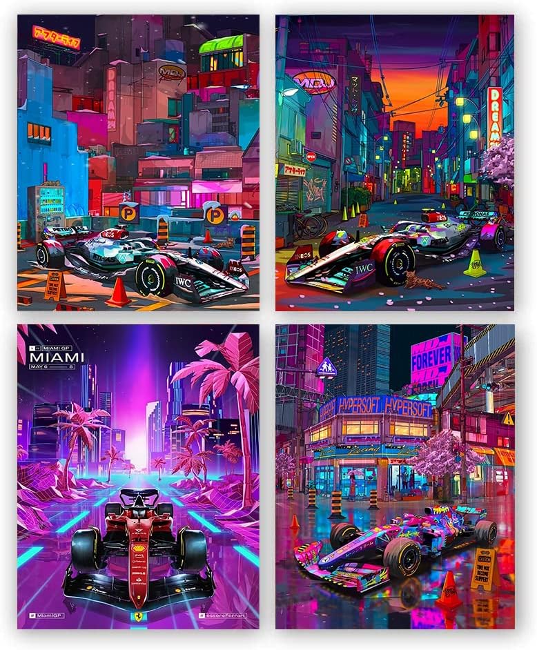 Щампи върху стената с постером Ferrari, Принт Miami GP 2023, Декоративна живопис на стената неонового кола, Плакат на състезателен автомобил, японското неоново изкуство, пла