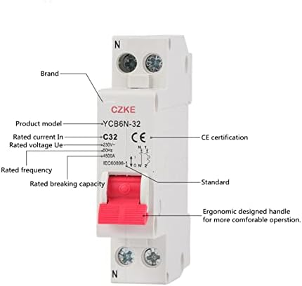 BNEGUV YCB6N-32 6-32A 1P + N MCB Миниатюрен автоматичен прекъсвач Фазно-неутрален автоматичен прекъсвач Електрически ключ за Домашно сигурност (Цвят: N 1P, размер: 32A)