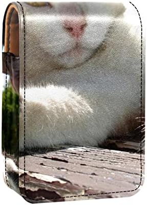 Калъф за червило GUEROTKR, Кожен Органайзер за Блясък за устни с Огледало, Мини-Bag-Държач за Червило, бял котешки животински