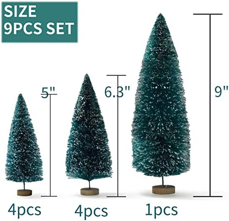 Мини Коледно Дърво-Пискюл за бутилки Синьо-Зелено за плота - 9 опаковки Изкуствени елхи с декор на дървена основа на