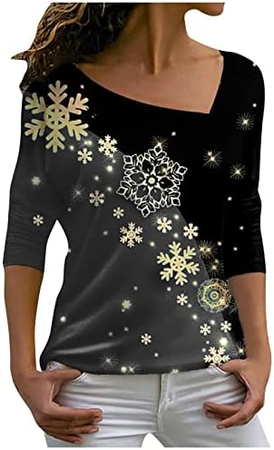 NOKMOPO/ Коледна Риза за жени, Всекидневни Модерен Коледен Принт, Диагонално V-образно деколте, Пуловер със Средна Дължина,