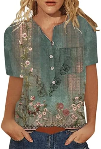 Тениски Оверсайз за жени, Дамски Летни Блузи с V-образно деколте, Елегантни Ежедневни Блузи Хенли Копчета с Къс Ръкав и Джоб