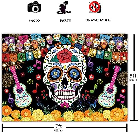Funnytree 7x5 фута Ден на мъртвите Фон за парти Мексиканска Фиеста Череп Цветя Тематичен Фон за снимки Dia De Los Muertos