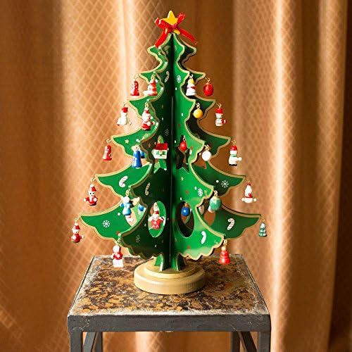 BestPysanky Дървена Настолна Коледно Дърво с 32 Миниатюрни Коледни Декорации в Немски Стил с Височина 12,5 Инча