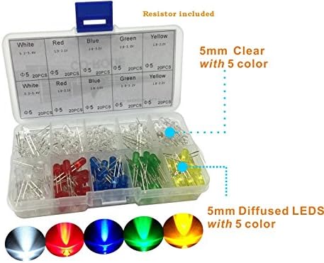 5 Цвята, 5 mm, асорти прозрачни led светодиоди, опаковка от 300 броя (200 бр. светодиодни крушки и 100 бр. резистори