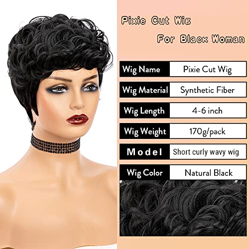 Черна Перука в стил Pixie за черни жени, Кратък Перука от синтетични влакна, с вълниста прическа и многопластова структура за ежедневно носене - Топлоустойчиви Естест