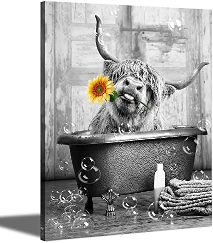 Ринсикен Високият Крава Стенно Изкуство в Баня Печат върху Платно - Черно-бяла Снимка от Балона, Забавни Снимки от Едър Рогат Добитък, Животни Живопис Една произвед