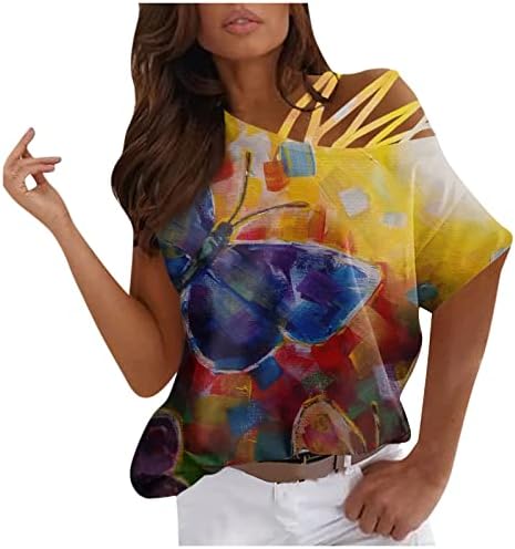 Тренировочная Риза Дамски Блузи за Жени, Ежедневни Летни Тениски с открити Рамене и Джапанки, Блуза с Къс Ръкав и Принтом