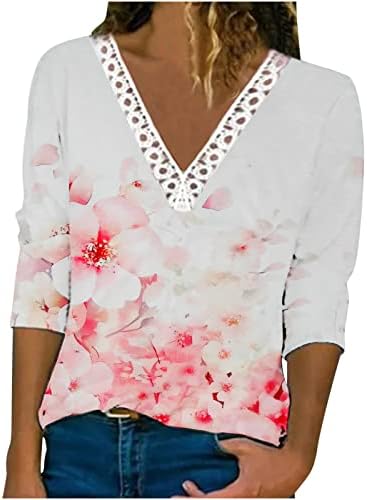 Блузи-Ризи за жени, Лейси Тениска с V-образно деколте и 3/4 ръкави, Летни Модни Ризи в стил Бохо с Цветен Модел, Модерни