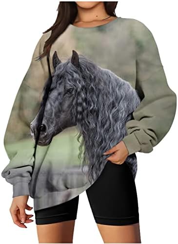 Реколта Западна Етническа Hoody за Жени с 3D Модел на Коня, Ежедневни Hoody с Кръгло Деколте и Дълъг Ръкав, Пуловер Оверсайз,