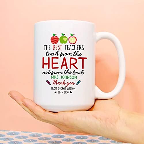 Чаши за учители по поръчка, Чаша за Учителите Преподават от сърце, Кафеена Чаша с Персонално име на Учителя, Благодаря