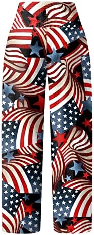 На 4 юли, Дамски Памучни Широки Ленени Панталони с Рюшами, Разтеглив Широки Панталони с Висока Талия и Джобове, Флаг на САЩ, Панталони Палацо
