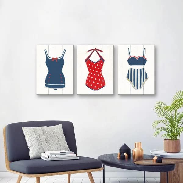Ретро Бански костюм, Стенен интериор, тъмно сини и червени дамски Бански костюми, Артистични щампи в Ретро стил, в бял