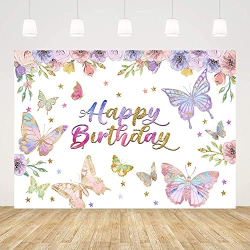 ABLIN 7x5ft Фон за Рожден Ден с Пеперуди за Момичета Пролетна Тема Пъстри Цветя, Пеперуди Фон За Снимки Розови Украса