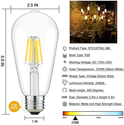 yfxrlight Антикварни led лампи Мек топъл бял цвят 2700K, 6 W ST64 с регулируема яркост, реколта led Edison, което е равно на 60 W, Короткозамкнутая лампа с нажежаема жичка, 550 Лумена, Пр?