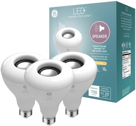 Лампа за вътрешно прожектор на GE Lighting LED + Speaker, Мек Бял цвят, Говорител Bluetooth, приложение или Wi-Fi не се изисква, дистанционно управление включено в комплекта, лампа за