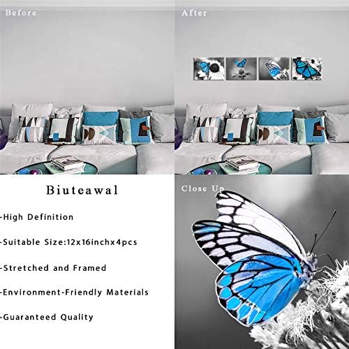Biuteawal Flower Wall Art Синя Пеперуда на Маргаритке Цветен Модел Платно Живопис Черно и Бяло Природен Пейзаж Художествено