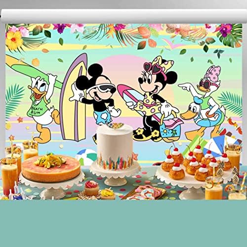 Мики и Мини маус на Фона на Плажната партита Пастелно Тропически Пейзаж с Флорални на Фона на Мики Маус и Приятели Банер