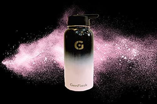 GenFlask 32 грама изолирано вакуумно бутилка за вода цвят омбре от неръждаема стомана с широко гърло и сламена капак, запечатан чаша (черно и нежно-розов)