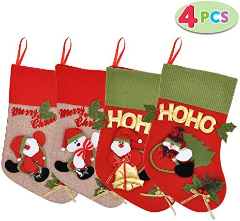 JOYIN 4 Опаковане на Коледни Чорапи 18 инча, Украса, Страхотни 3D Сладки Коледни Чорапи с Снеговиком и Дядо Коледа за