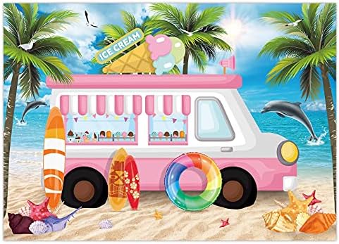 Funnytree 7x5ft Фон за парти със Сладолед, Магазин Десерти, Камион, Фон За Снимки, Летен Хавайски Плаж, Приморски Розов Автомобил, Малко Момиченце, Детска Торта за Рожден Де