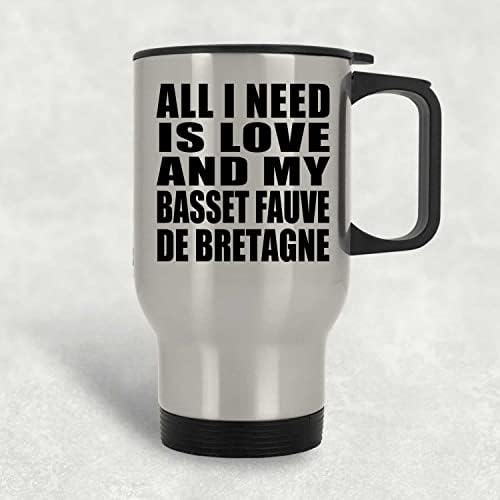 Дизайн: All I Need Is Love And My Basset Fauve De Bretagne, Сребърна Чаша за Пътуване, 14 мл, Чаша от неръждаема Стомана