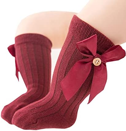QandSweet Детски Чорапи до Коляното За новородени, Безшевни Памучни Чорапи с Голям Нос и Копчета За Момиченца