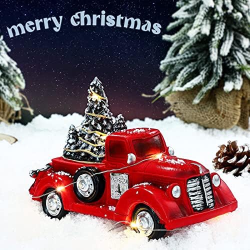 6,3-Инчов Ретро Червен Камион Коледен Декор с Led Венец и Коледна Елха Подарък за Празнични Украси Камион Модел Автомобил