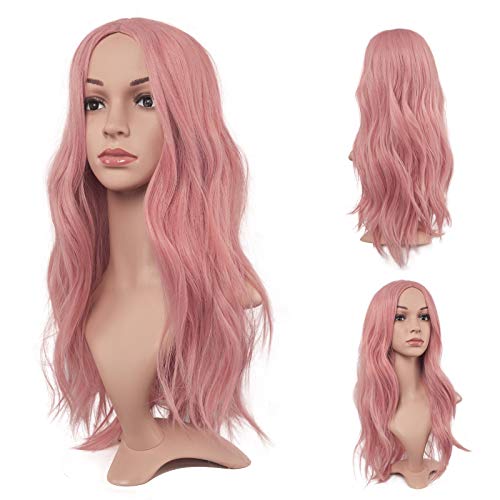 FESHFEN Дълги Розови Перуки за Жени, 22 инча, къдрави коси Вълнообразни Пълен Перука, Перуки Със Средна Пробором, Естествен