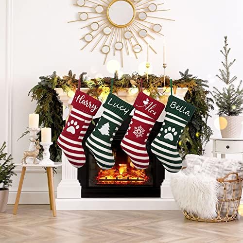 JINLIN Вязаный Коледни Чорапи с Персонализирани с Име, Кучешка Лапичка, Коледни Чорапи, под формата на Снежинки, Райета